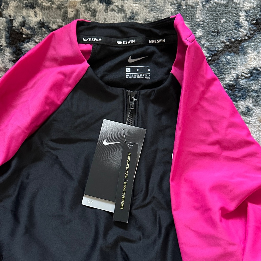 Nike Women's Pink and Black Long Sleeve Swim Top